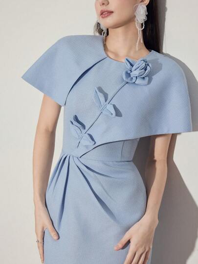 Poshira Vestido elegante de longitud media con decoración floral 3D en unicolor para mujer