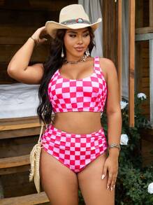 SHEIN Swim Curve 大码女式黑白格子分体两件套泳衣套装，时尚休闲度假 - 彩色 - 查看 3