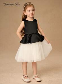 Glamorique Kids Young Girl Princess Style Contrast Color Contrast Mesh Slip Dress, Vintage Elegant Summer Dress - Black - View 3