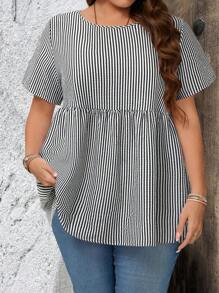 EMERY ROSE Blusa holgada de manga corta con cuello redondo y estampado de rayas, adecuada para verano, blusa de verano de talla grande, regalo para la madre, estilo bohemio, primavera, rave, campo - Blanco y Negro - Ver 4