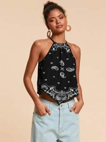 Travachic Vacation Woven Paisley Floral Women's Asymmetric Hem Halter Neck Tank Top - Black and White - View 6