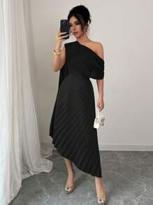 Rafferiza 女士优雅雪纺垂坠单肩亮面褶皱长裙，春夏