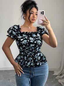 Elenzga 加大码女式优雅时尚百搭方领碎花泡泡袖荷叶边下摆后背系带蝴蝶结衬衫 - 彩色 - 查看 1