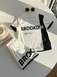 SHEIN 两件套年轻男童休闲运动校园街头可爱度假字母图案拼接圆领T恤和短裤套装适合儿童服装幼儿男童服装返校男童套装适合生日派对、聚会、表演、婚礼、洗礼、返校日常适合日常适合上学适合旅行适合运动适合春夏季