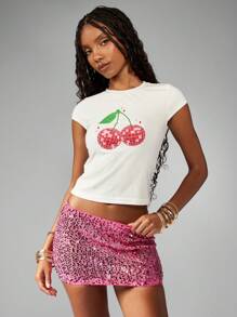 MISSGUIDED Disco Kugel Kirsche Retro Baby T-Shirt Y2K Tanzclub Party Grafik Muster Crop Top