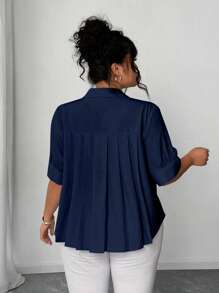 Elenzga Áo sơ mi tay bồng màu sắc đơn giản thanh lịch dành cho nữ cỡ lớn mùa xuân/hè, có xếp ly sau lưng và viền chữ A, cài nút toàn bộ - Màu xanh hải quân - Xem 5