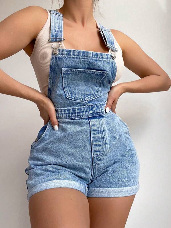 SHEIN ICON Peto vaquero desgastado de talla grande, mono de verano a la moda