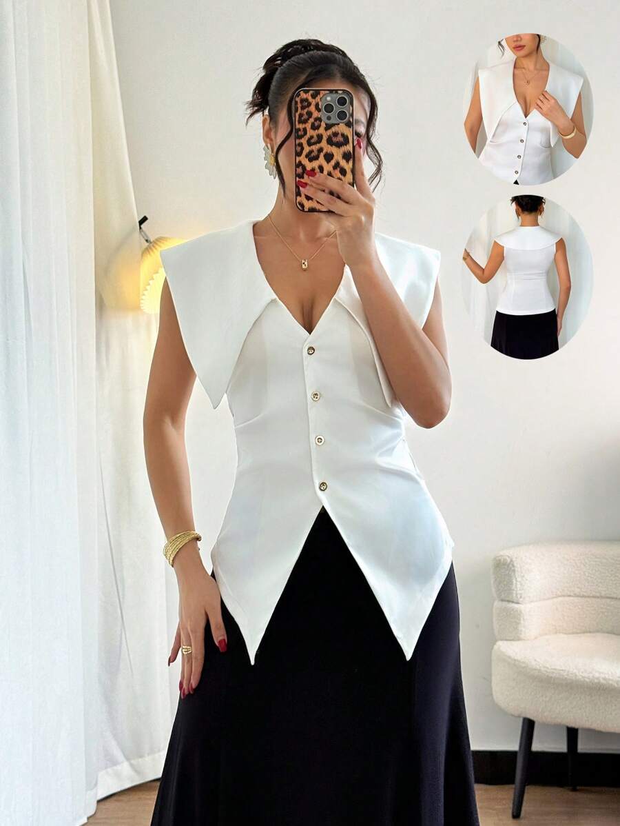SHEIN Unity Elegant Fashion V-Neck Large Lapel Waisted Button Down Hem Split White Satin Spring And Summer Women's Shirts Women's Button Down Shirts - White - View 1