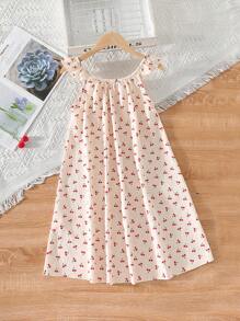 Camisón de niña estampado con cerezas dulces y lindas, de tela de gasa con estampado floral fresco de cerezas, diseño de tirantes con volantes + ropa de dormir holgada y cómoda - Albaricoque - Ver 3