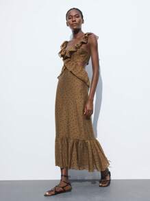 Maija 女式波点印花优雅连衣裙，荷叶边下摆和腰部镂空设计 - 卡其色 - 查看 1