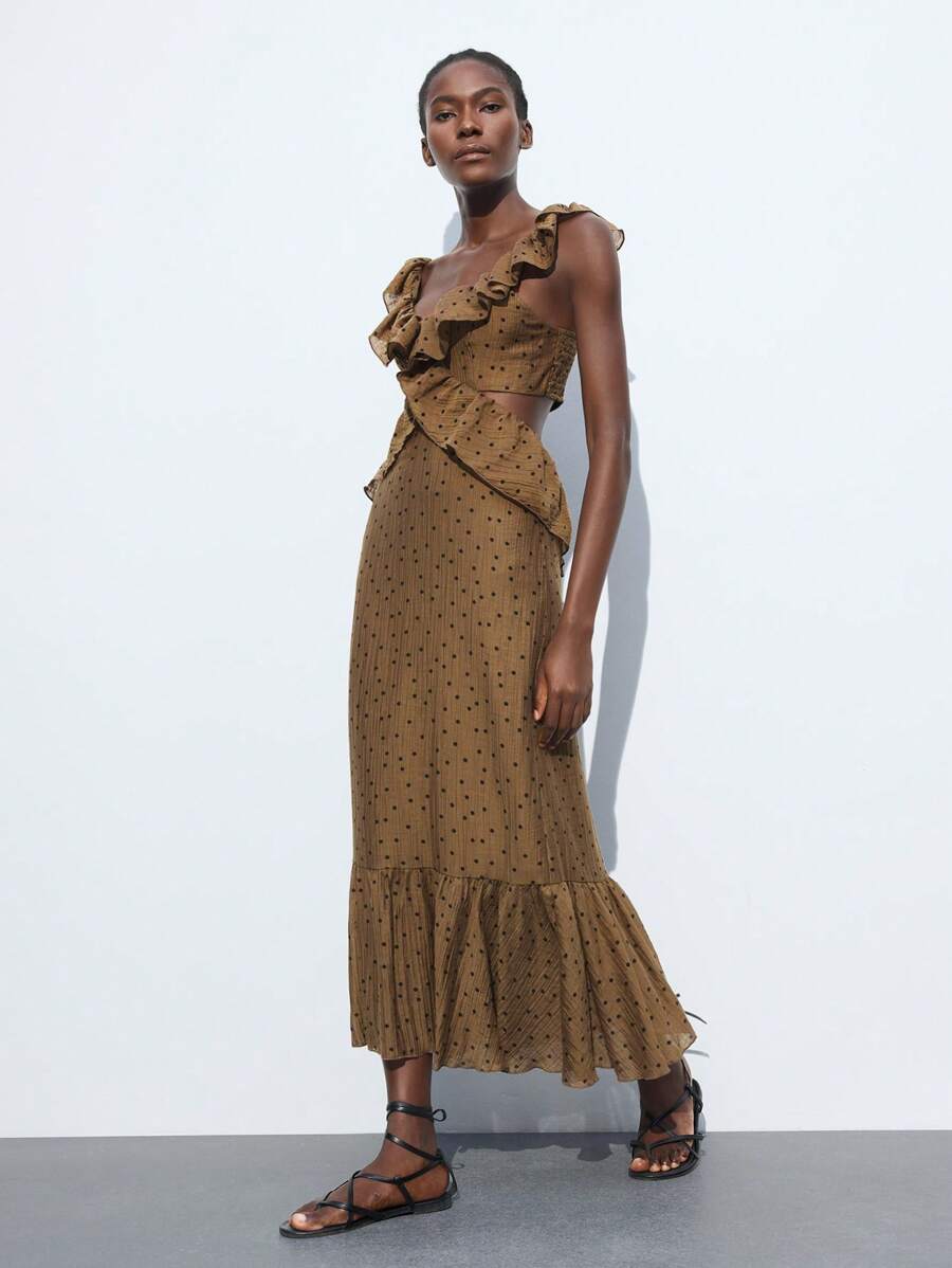 Maija 女式波点印花优雅连衣裙，荷叶边下摆和腰部镂空设计 - 卡其色 - 查看 1