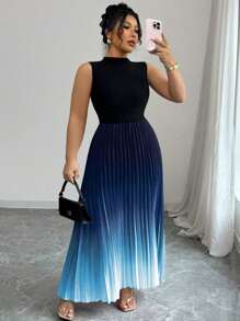 Elenzga Sleeveless High Neck Pleated Gradient Floral Print Plus Size Dress - Blue - View 1