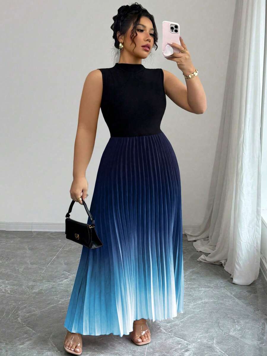 Elenzga Sleeveless High Neck Pleated Gradient Floral Print Plus Size Dress - Blue - View 1