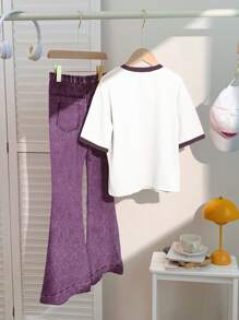 SHEIN 2 件套年轻女孩休闲卡通图案圆领短袖上衣和喇叭裤夏季服装 - 彩色 - 查看 2