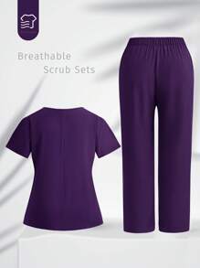 TaskEZ 加大码女式手术服套装，纯色口袋短袖上衣和裤子手术服 - 紫羅蘭色 - 查看 2