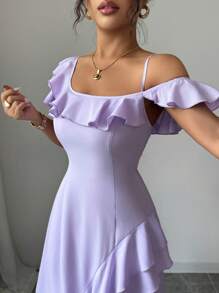 Selianne 全新女式纯色不对称肩带荷叶边下摆不对称背部设计休闲百搭优雅连衣裙