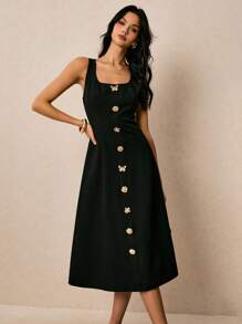 Poéselle 女士优雅金属装饰无袖中长连衣裙，夏季 - 黑色 - 查看 2