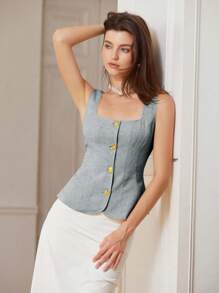GENKIRA Square Neckline Slim Fit Tweed Button-Up Top For Women, Spring/Summer - Grey - View 3