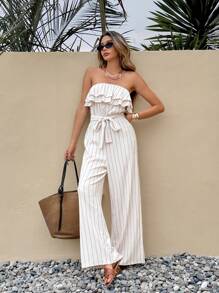 SHEIN Frenchy 女式条纹荷叶边下摆露肩连体裤，休闲度假装