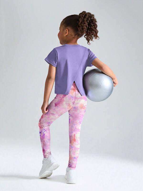 SHEIN Young Girls Sports Suit - Crew Neck Short Sleeve Split Hem T-Shirt + Fashionable Printed Elastic Comfortable Casual Pants, Versatile For Tennis, Running, Jumping Rope, Dance, Outdoor Exercises, Spring/Summer Girls Activewear Kids Activewear Girls Yoga Set Tie Dye Leggings Girls Athletic Outfit