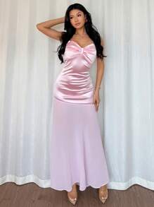 Chiquease Women's Elegant Satin & Chiffon Patchwork Bowknot Dress