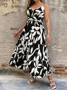 Breezaya 大码女式春夏西式波西米亚风假日休闲通勤树叶和花朵腰部抽绳多层下摆连衣裙