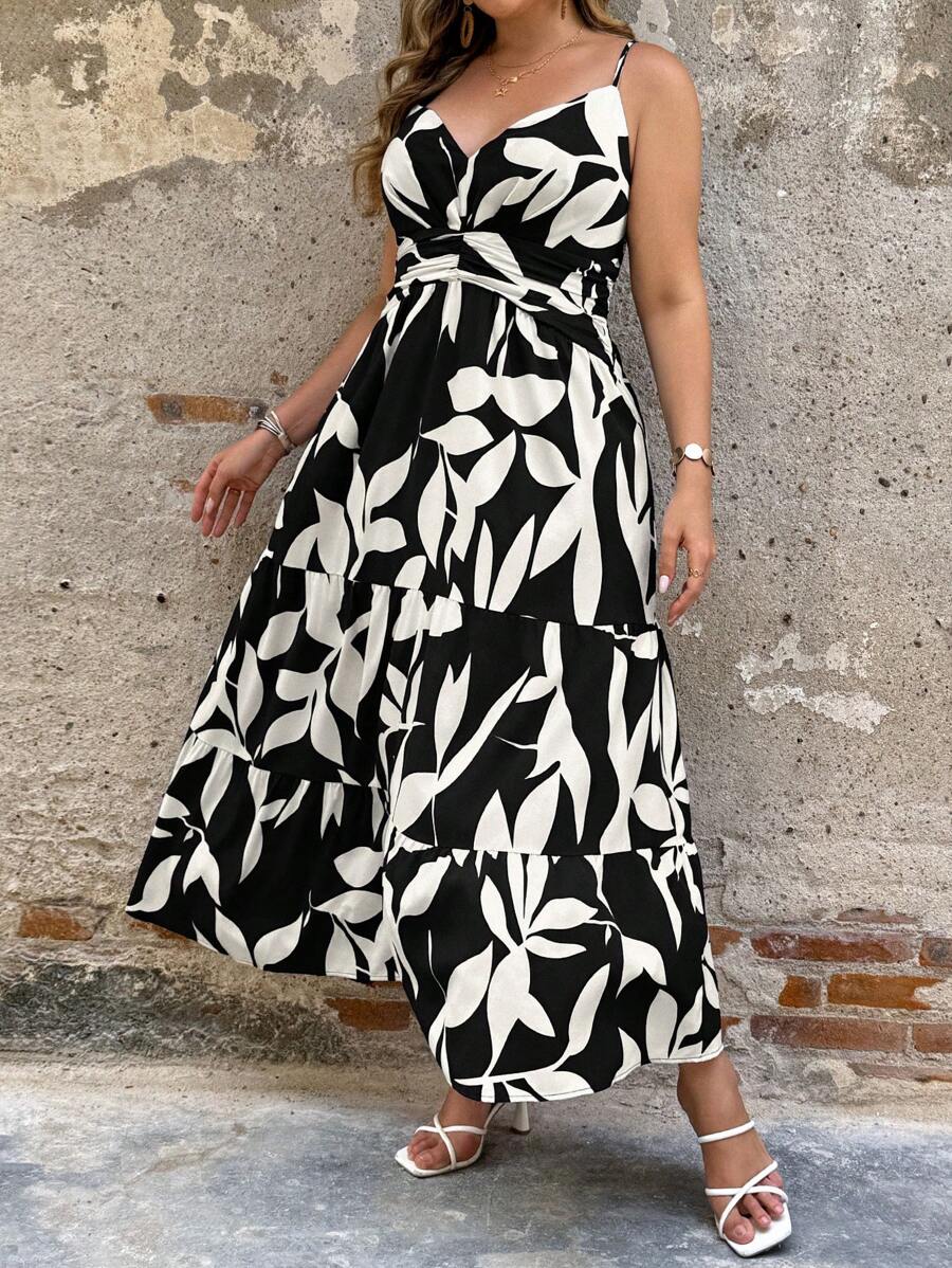 Breezaya 大码女式春夏西式波西米亚风假日休闲通勤树叶和花朵腰部抽绳多层下摆连衣裙