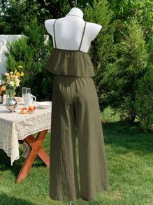 Comfortcana 2件套女式夏季军绿色亚麻吊带背心和裤子套装 - 軍綠色 - 查看 4