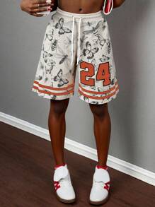 Slaydiva 2025 Spring/Summer Casual & Simple Women Sports Mesh Shorts With Number 24, Insect Butterfly Floral Print, Suitable For Sports, Summer Basketball Shorts,Bohemian Clothes