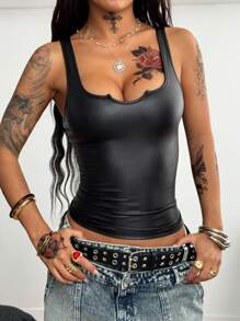 Coolane 女士夏季节日街头风复古Y2K日常穿搭简约休闲基础款皮革无袖V领弹力上衣，性感上衣 - 黑色 - 查看 6