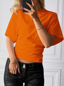 INAWLY Summer Casual Solid Color Batwing Sleeve Cropped Loose T-Shirt - Orange - View 2