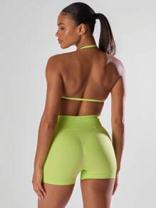 Musera Sport Solid Ruched Bust Open Back Halter Sports Bra , Active Comfy Workout Gym Outfit Running Run Club ,Padel, Tennis, Pickleball