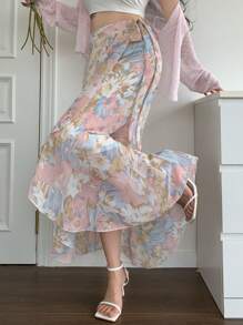 Wynsel 优雅雪花印花雪纺荷叶边A字裙，夏季返校季度假装扮，花卉图案 - 粉色 - 查看 1