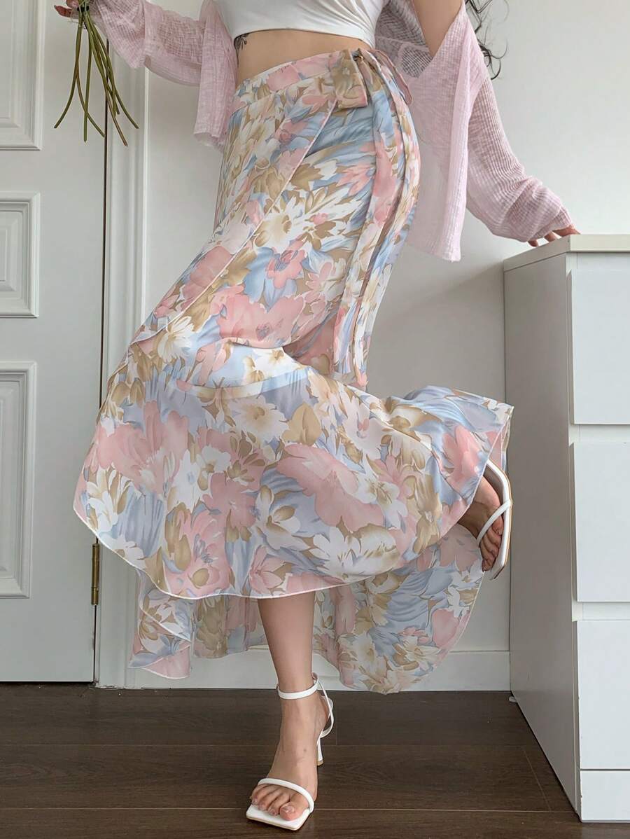 Wynsel 优雅雪花印花雪纺荷叶边A字裙，夏季返校季度假装扮，花卉图案 - 粉色 - 查看 1