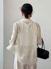 FRIFUL 女士奶油色薄纱蕾丝宽松休闲百搭叠穿衬衫，适合度假、商务及日常穿着，长袖 - 白色 - 查看 5