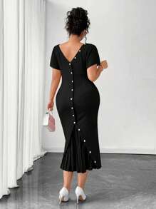 Elenzga Plus Size Summer Elegant Solid Color Ruched Back Button Hem Dress