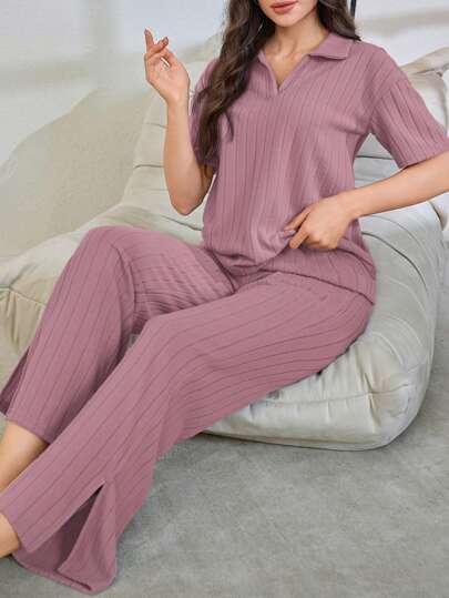 女士休闲针织拉绒领睡衣套装家居服女士套装罗纹睡衣套装，服装