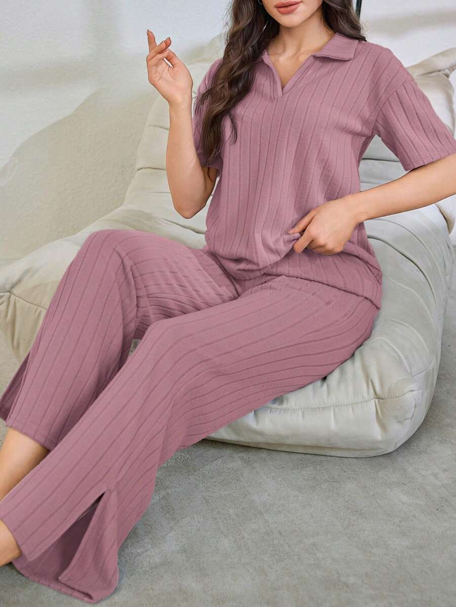 女士休闲针织拉绒领睡衣套装家居服女士套装罗纹睡衣套装，服装 - 藕粉色 - 查看 1