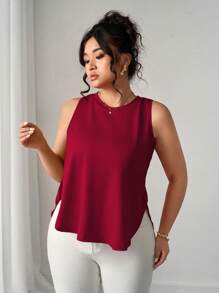 Elenzga Áo ba lỗ cổ tròn màu trơn cỡ lớn cho nữ, xẻ tà bên hông, thường ngày đi nghỉ - Màu Đỏ Sâu - Xem 4