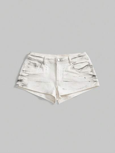 ROMWE Grunge Punk Women Letter & Skull Pattern Fashion Denim Shorts