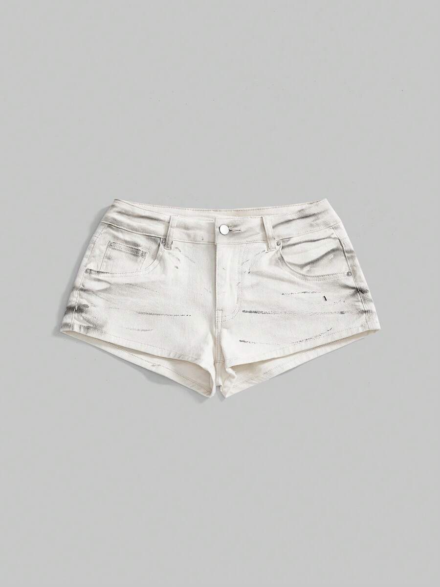 ROMWE Grunge Punk Quần short denim họa tiết đầu lâu và chữ cái cho nữ - trắng - Xem 1