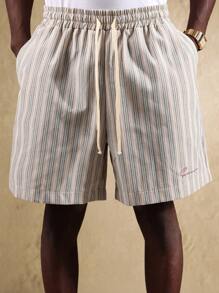 SUMWON Quần short cotton sọc rút dây mùa hè thoải mái vừa vặn khi đi nghỉ dưỡng, mặc ở nhà - Màu be - Xem 7
