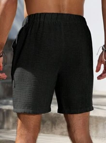 VENTUSAIL Men's Fashion Casual Solid Color Drawstring Pocket Shorts - Black - View 2