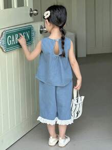 Dazy Kids Bộ đồ denim thời trang cho bé gái - Rửa trung bình - Xem 5