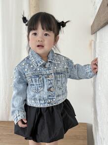 SHEIN Baby Girl White Pearl Blue Denim Lapel Long-Sleeved Short Jacket,Spring And Summer Casual Vacation Country Boho Wear Fall Winter - Light Wash - View 4