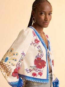 CAJUNI 花卉印花灯笼袖女式休闲度假衬衫 - 彩色 - 查看 7