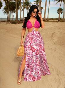 SHEIN SXY 女式夏季假日无袖蕾丝胸前装饰镂空圆圈露背佩斯利图案高开衩连衣裙