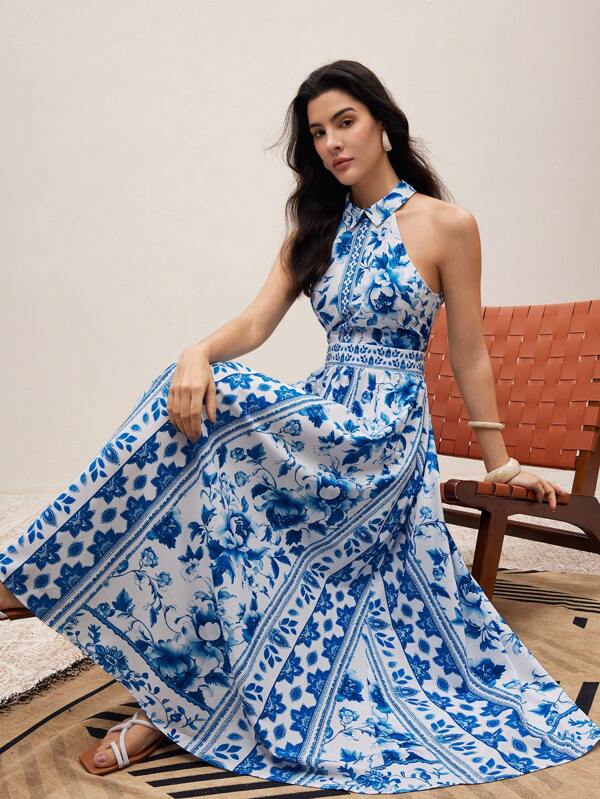 Modelyn Vestido casual sin mangas con estampado de porcelana azul y blanca y cuello de camisa