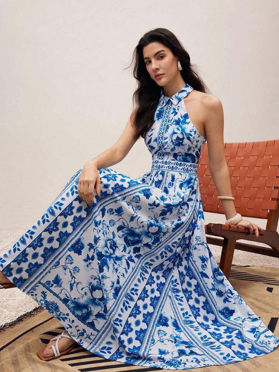 Modelyn Blue & White Porcelain Print Sleeveless Casual Dress With Shirt Collar