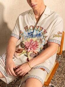 SHEIN Touch of Art Men's Summer Casual Vacation Artistic Tactile Painting & Letter Graphic Lapel Collar Short Sleeve Shirt - Apricot - View 2